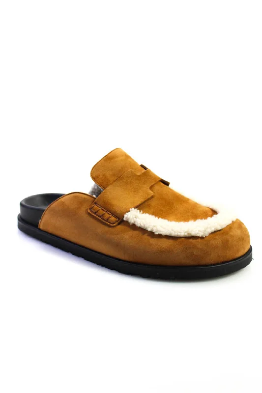 Hermes Mens Go Mule Goatskin Shearling H Cutout Slippers Natural Tan