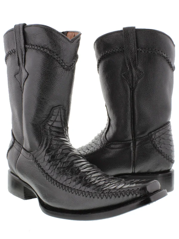 Men's Black Python Snake Pattern Zipper Cowboy Boots - Square Toe