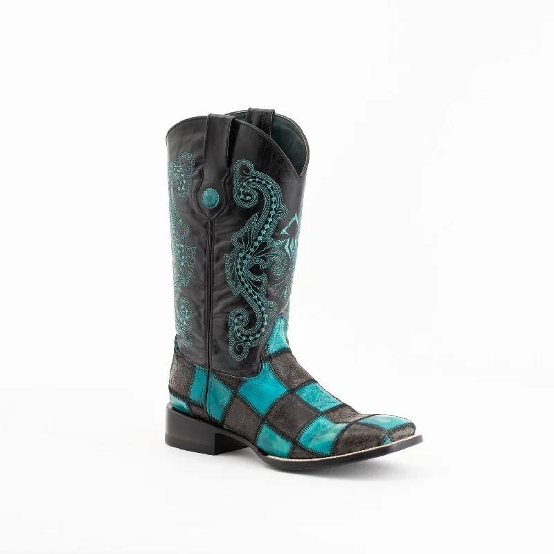 Ferrini Mens Black/Turquoise Leather Patchwork S-Toe Cowboy Boots