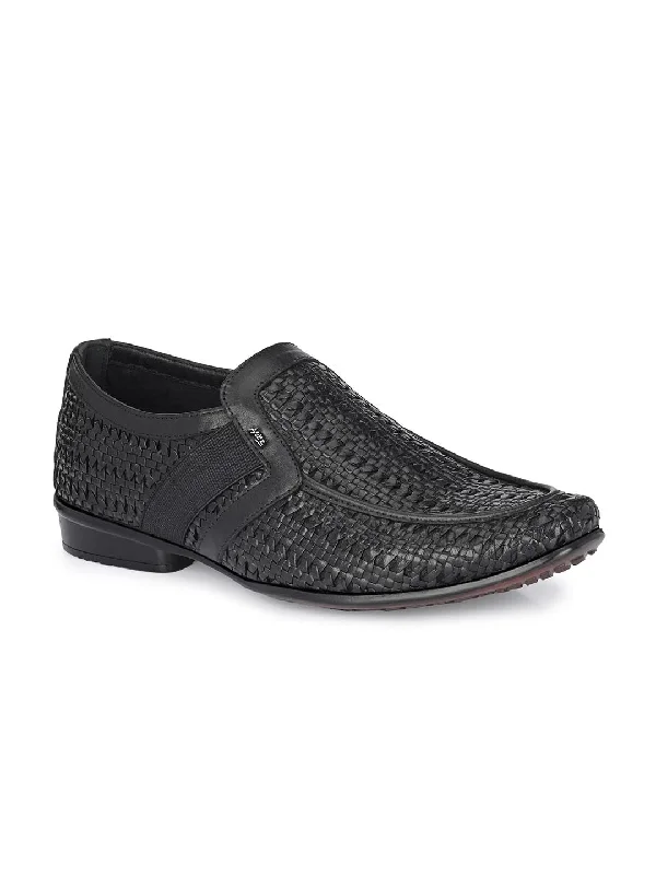 Hitz Men's Black Leather Slip-On Semi-Formal Shoes