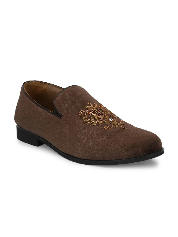 Hitz Men's Brown Slip-On Ethnic Embroidery Shoes