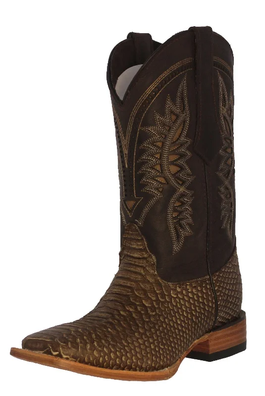 Mens Rustic Sand Snake Print Leather Cowboy Boots - Square Toe