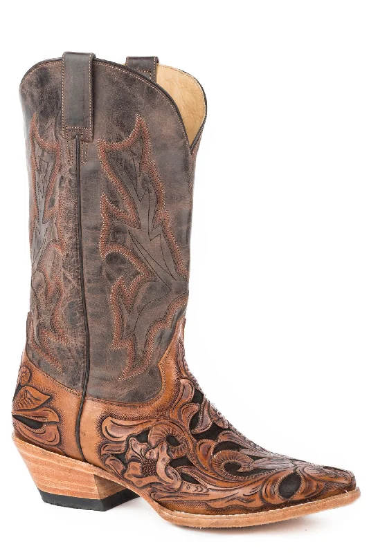 Stetson Tooled Mens Brown Leather Wicks Cowboy Boots