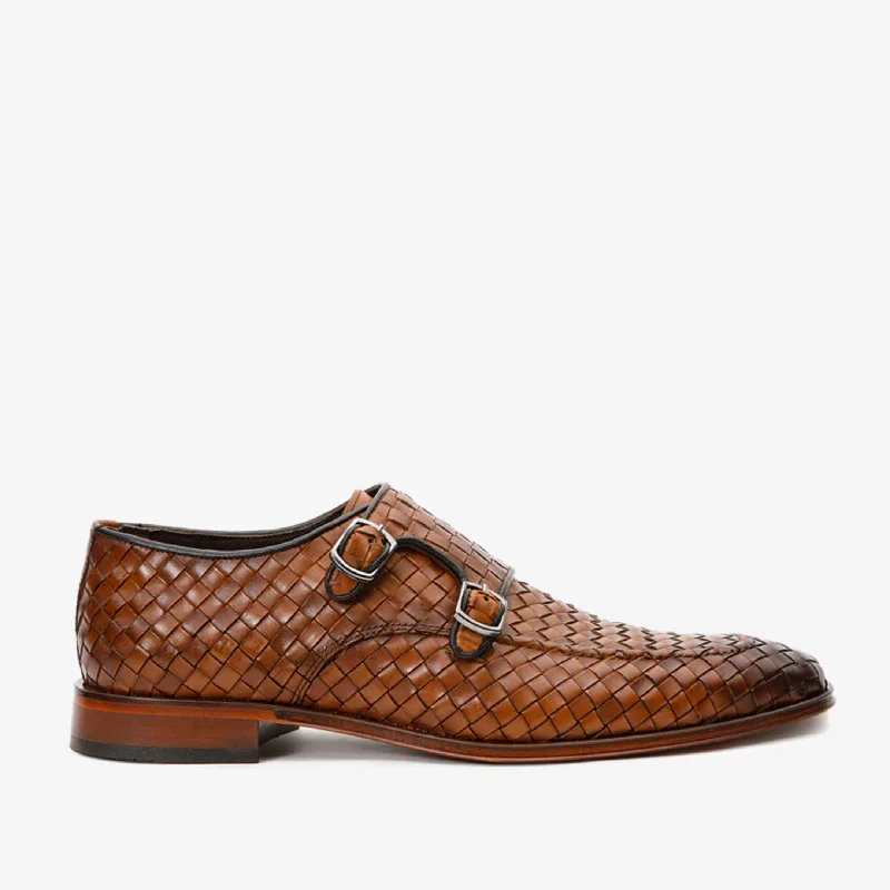 The Turan Brown Woven Double Monk Strap Dress Men Shoe